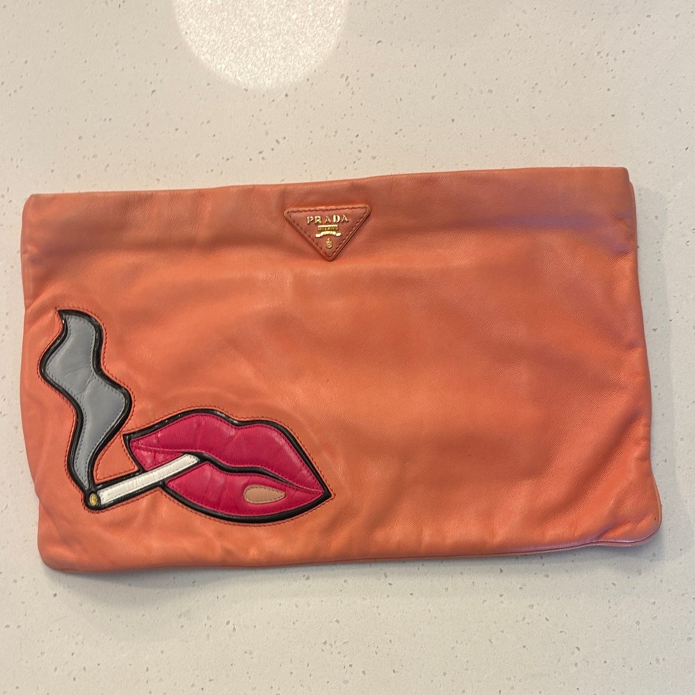 Prada Orange Clutch with Lip and Smoke Design